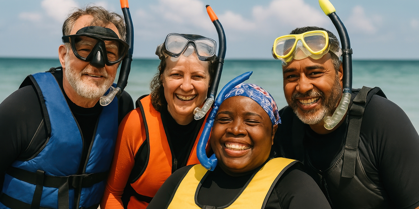 Diverse group enjoying snorkeling adventure.