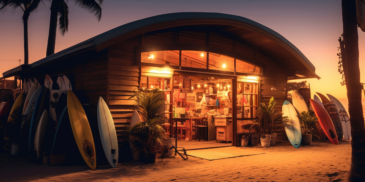 Surf shop on the beach with epic background