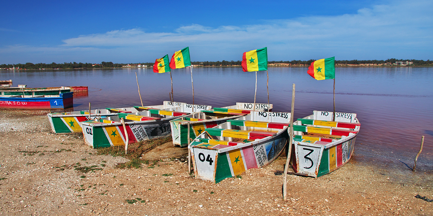 Dakar, Senegal - 03 Jan 2022: Boat in Lake Retba, Lac rose close Dakar, Senegal, West Africa