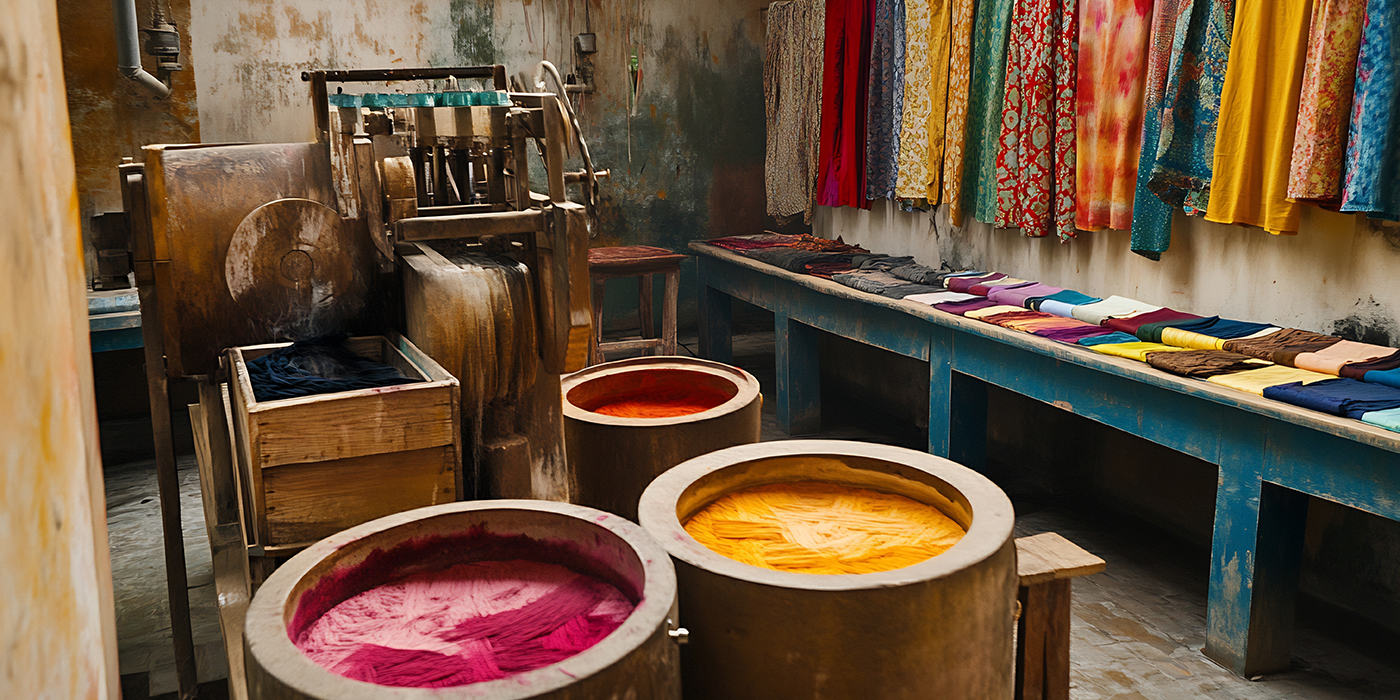 Traditional dyeing machine with spinning drums inside a workshop