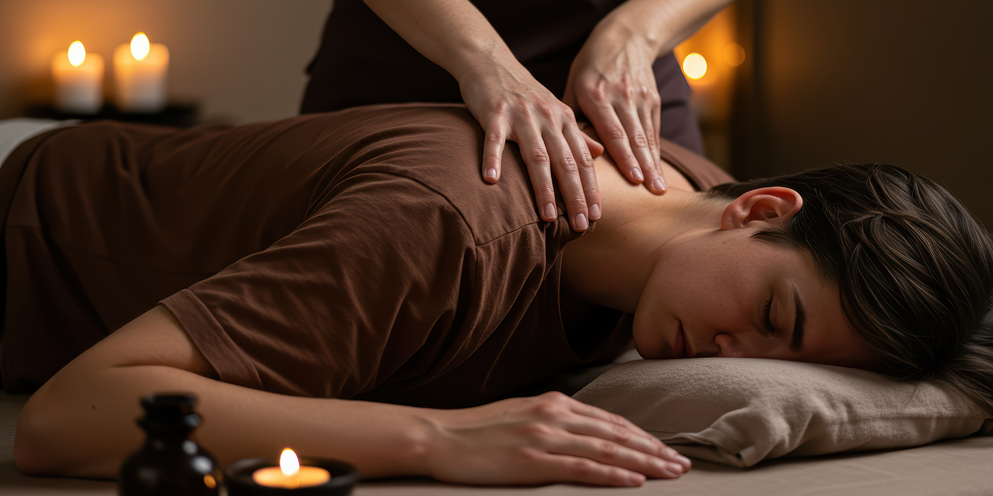 Close up of a masseuse's hands performing a Thai massage