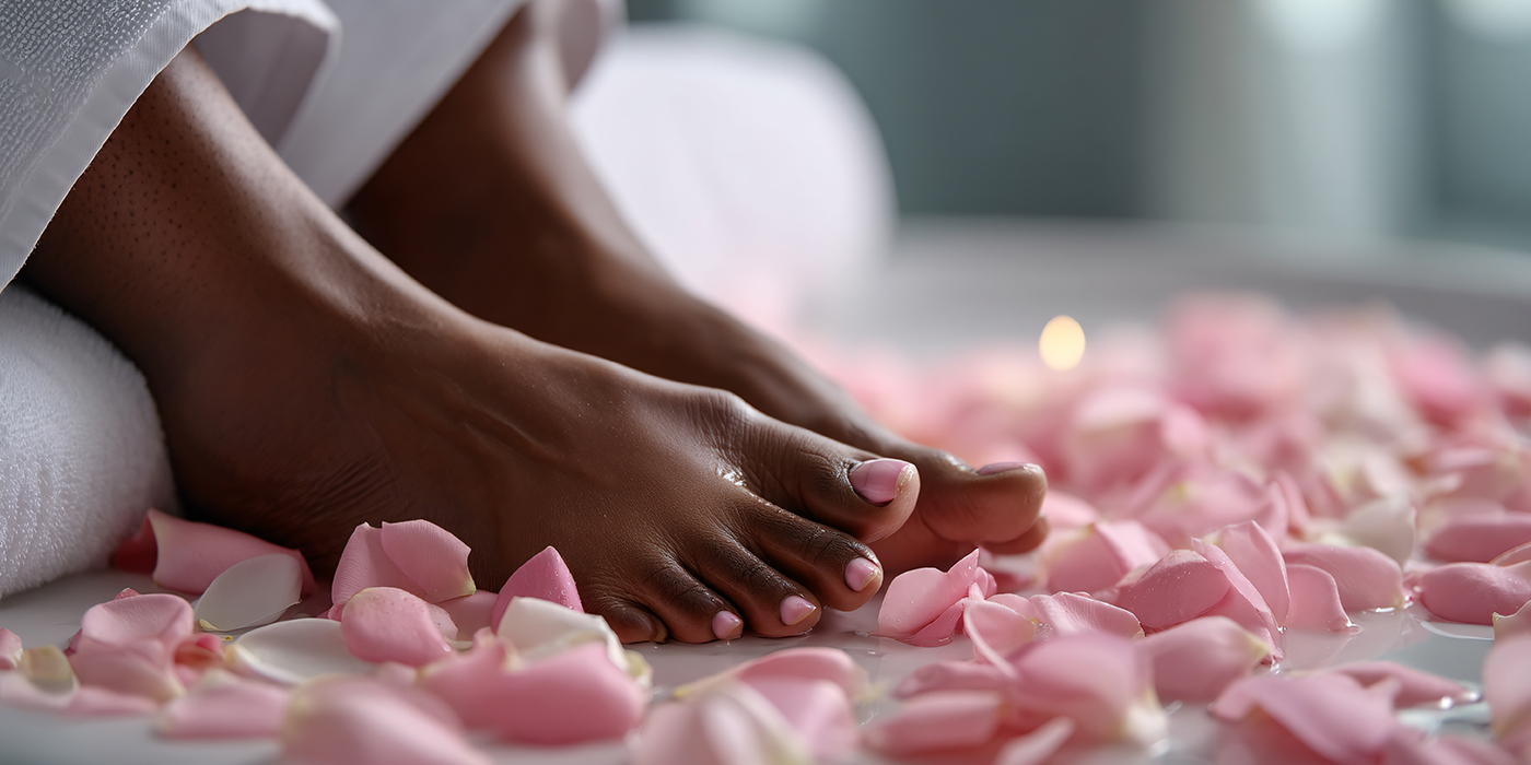 Feet dipped in rose petals, a moment of spa bliss and luxurious