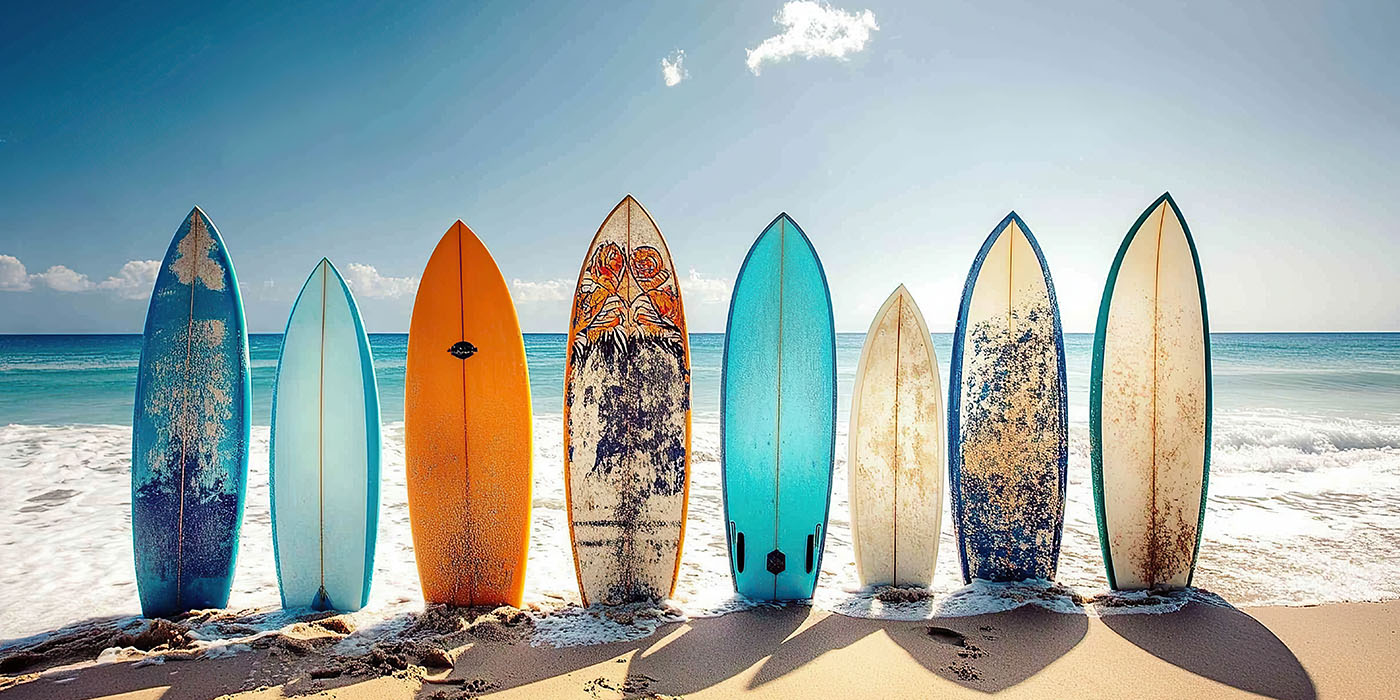A row of surfboards stands on the beach