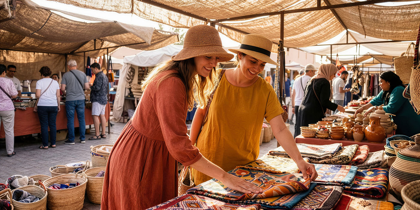 Two young women tourists exploring and touching colorful textiles at a traditional outdoor artisanal market souk
