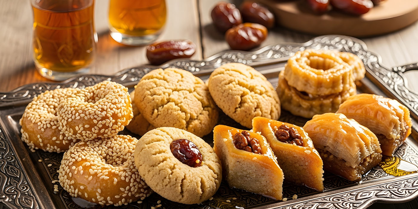 Assorted maghrebi pastries on ornate tray with tea
